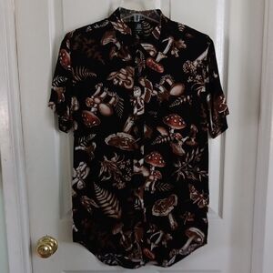 Men's Black Button Up Mushroom Print Shirt With Front Pocket